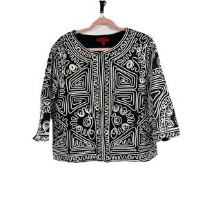 Joni B White Soutache Embroidery Jacket XL Art To Wear Mod Open Front Graphic
